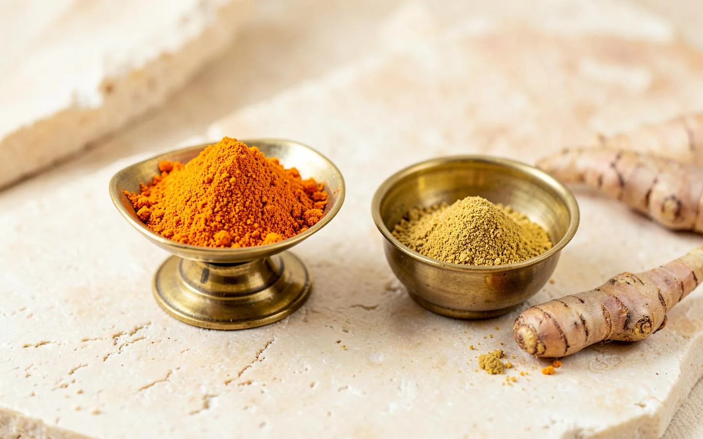Two brass bowls on stone, one holding bright turmeric powder and the other a smaller pile of concentrated extract powder, with fresh turmeric root