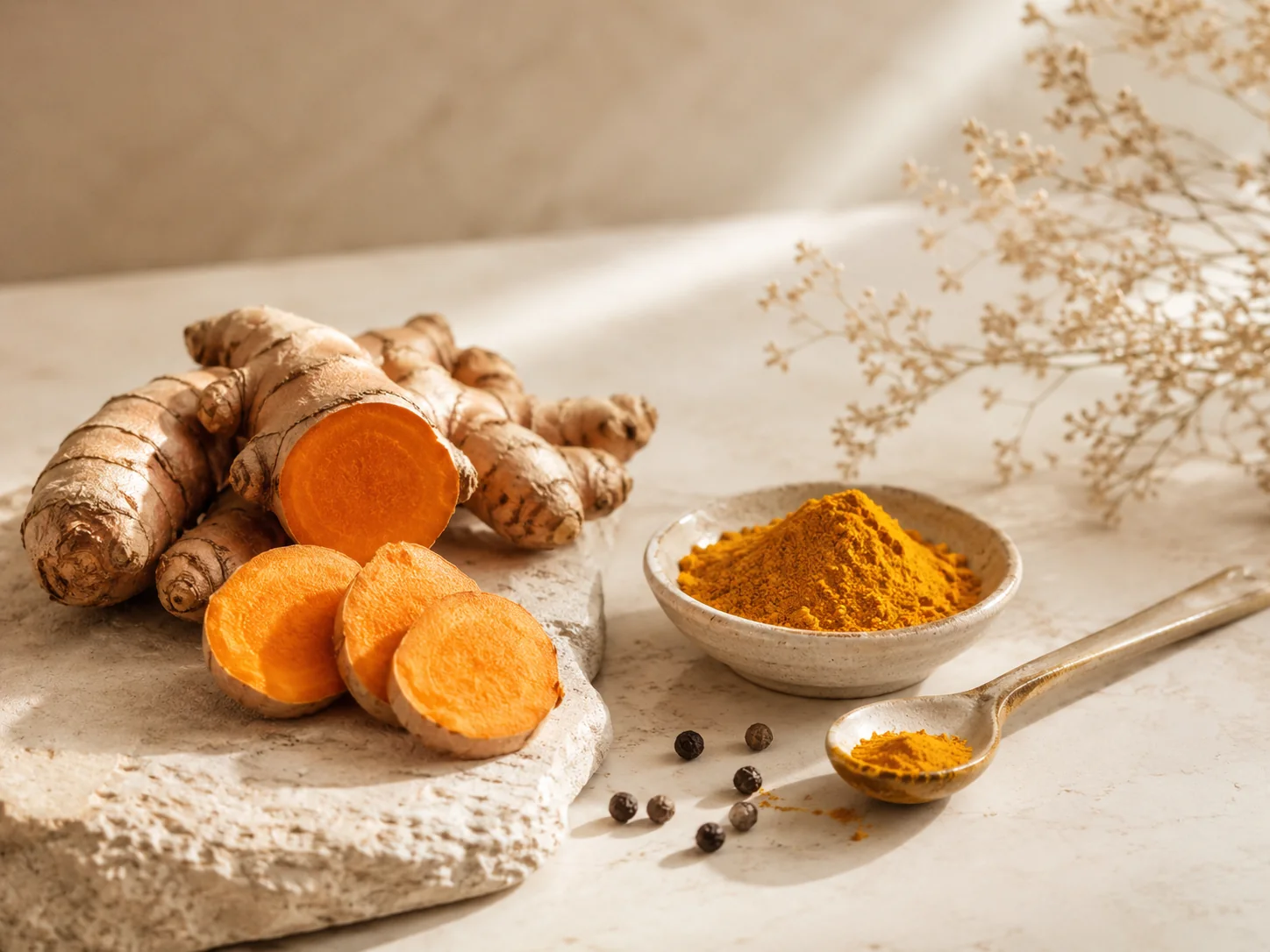 Editorial photography — fresh turmeric root, turmeric powder and black peppercorns