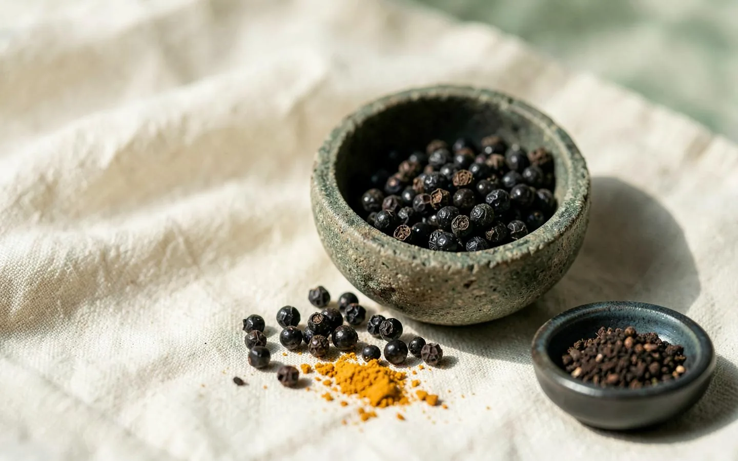 Whole black peppercorns in a stone bowl with coarsely ground pepper and a small mound of golden turmeric powder on cream linen